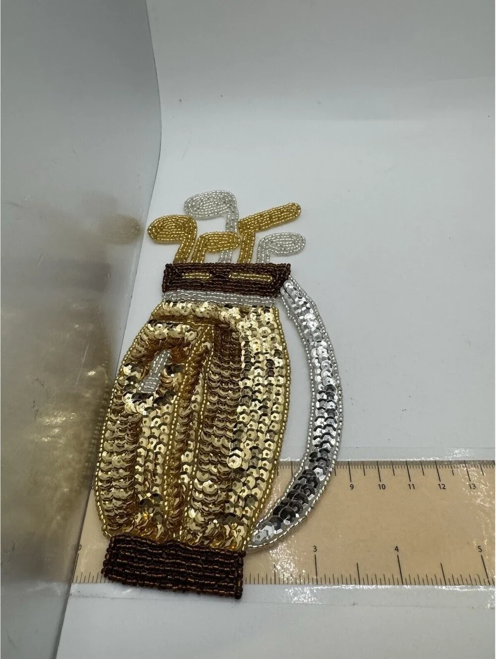 Sequined & Beaded Golf Bag And Clubs Sew On Patch NOS Gold & White
